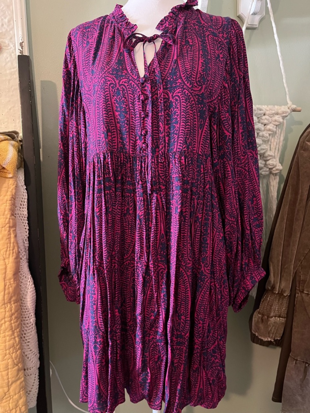 JODIFL Magenta & Navy Printed Tie-Neck Long Sleeve Dress